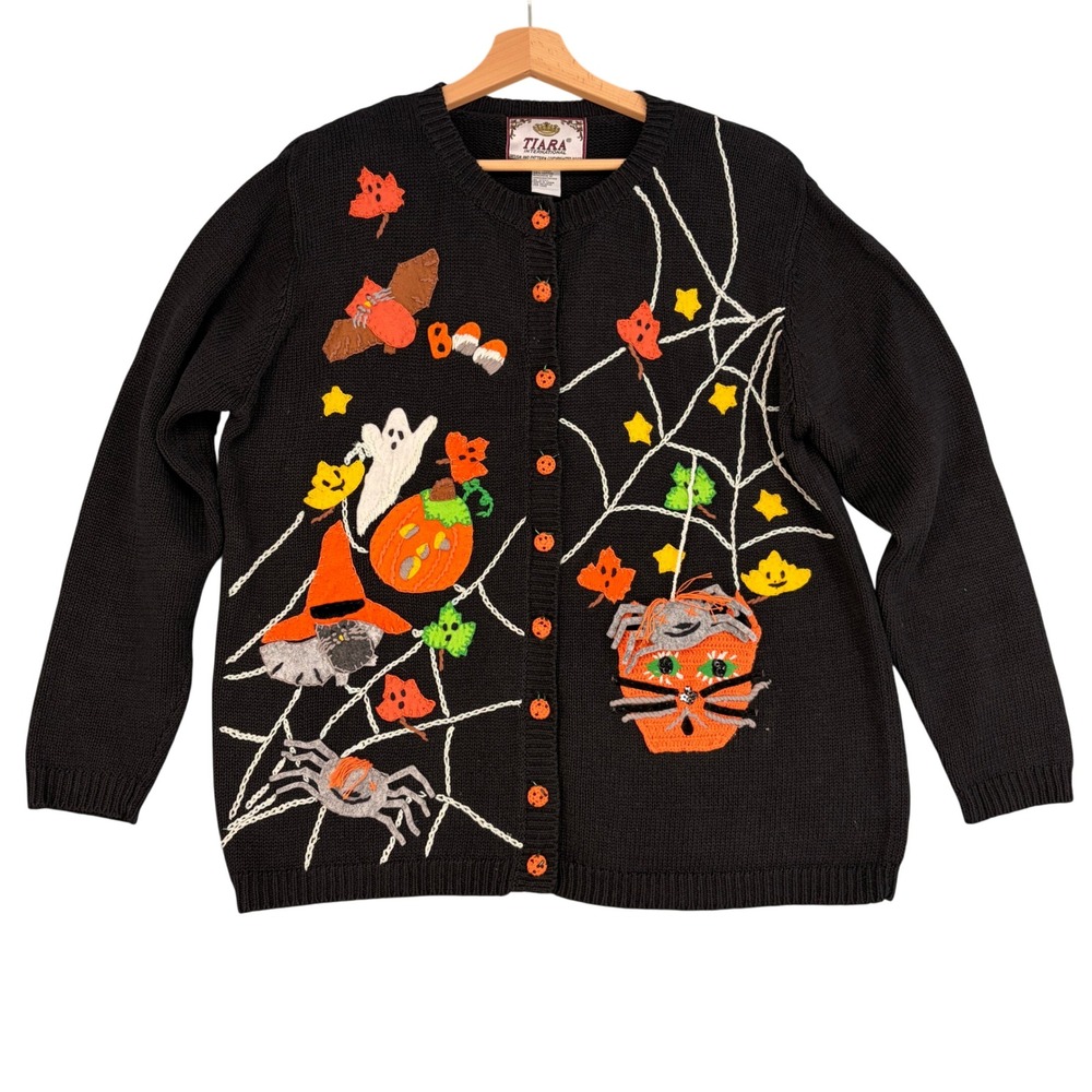Tiara International Vintage Halloween Cardigan Sweater Black Pumpkin Ghost Small